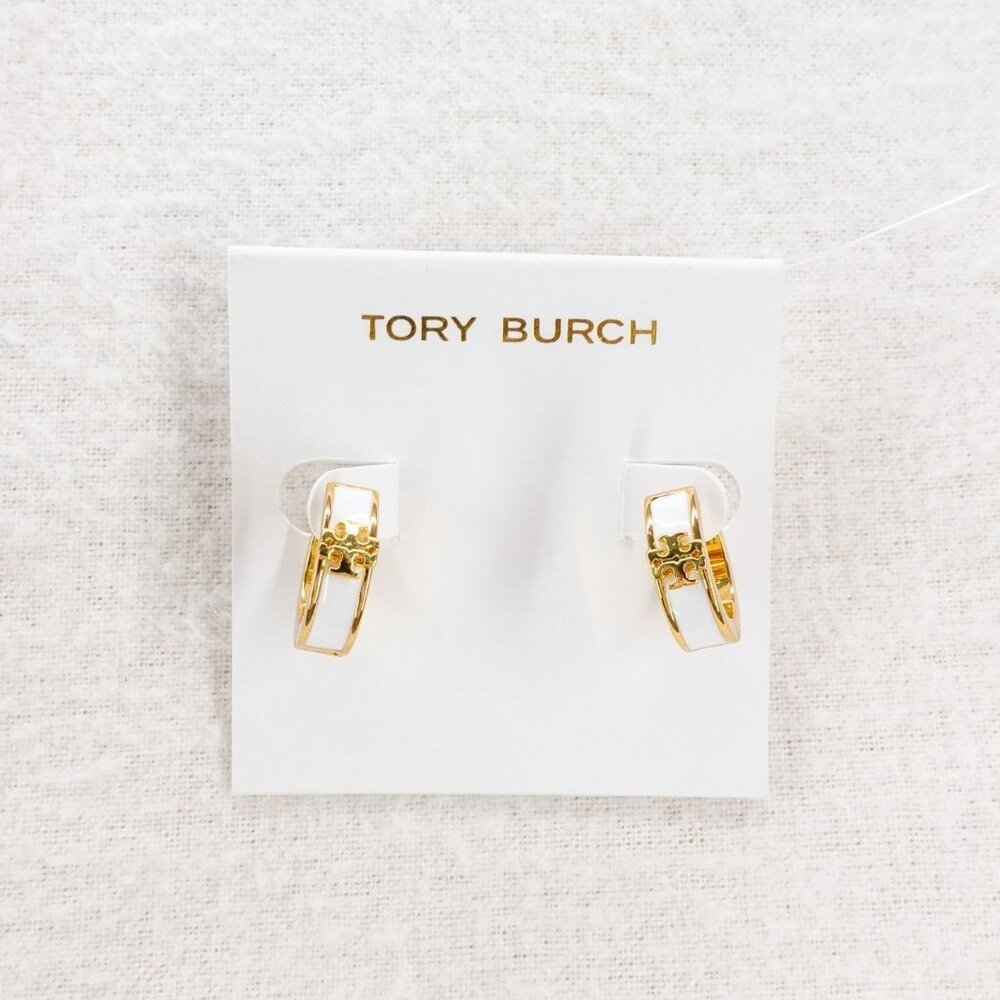 Tory Burch Kira Enamel Huggie Hoop Earrings White OS